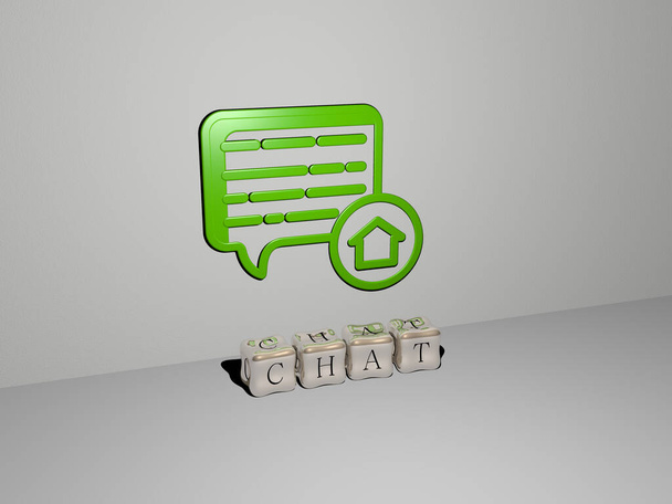 CHAT 3D ikona na ścianie i liter sześciennych na podłodze, 3D ilustracja do komunikacji i biznesu - Zdjęcie, obraz