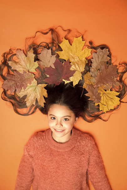 Leafy hairstyle. Small girl wear autumn foliage in curly hairstyle. Best autumn hairstyle. Creating hairstyle using fall leaves. Having fun with autumn leaves - Foto, afbeelding