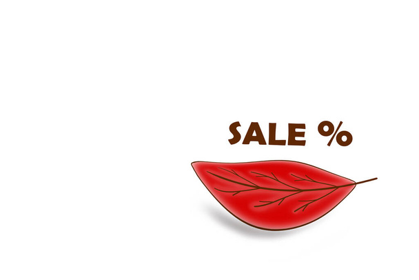 Autumn red leaf with the sale text on a white background. A drawing to insert in a promo or sale. Advertising drawing. - Photo, Image