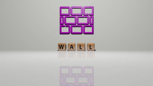 настенный текст из кубических букв на полу и 3D иконка на стене, 3D иллюстрация для фона и абстрактные - Фото, изображение