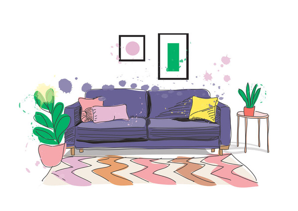 vector interior design hand drawn illustration. living room furniture sketch.  interior design illustration. - Wektor, obraz