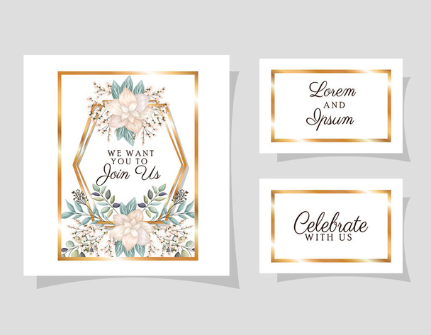 Προσκλήσεις γάμου που με χρυσά πλαίσια στολίδι και λευκά λουλούδια με τα φύλλα vector design - Διάνυσμα, εικόνα