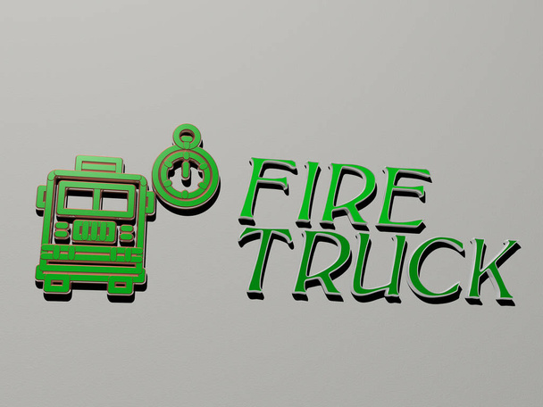 Ícone de caminhão de fogo e texto na parede, ilustração 3D para fundo e resumo - Foto, Imagem