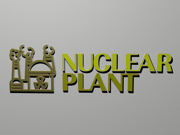 ikona jaderné elektrárny a text na stěně, 3D ilustrace pro výkon a pozadí - Fotografie, Obrázek