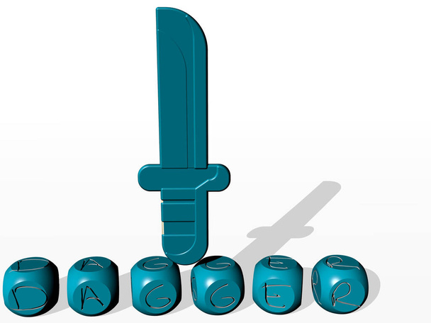 Dolch kubische Buchstaben mit 3D-Symbol auf der Oberseite, 3D-Illustration für Klinge und Hintergrund - Foto, Bild