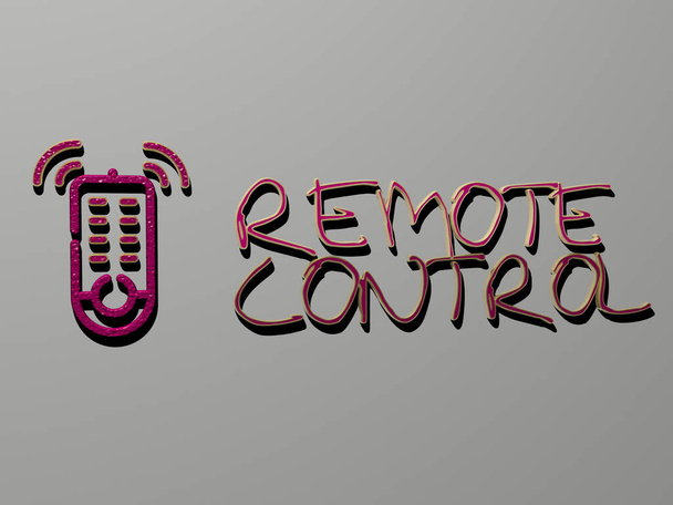 REMOTE CONTROL icona e testo sulla parete, illustrazione 3D per sfondo e concetto - Foto, immagini