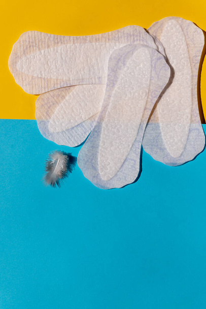 Slipeinlage mit Federn, Kamillenblüten auf hellem Hintergrund. Menstruation und Hygienekonzept für Frauen im Alltag. Damenbinden und Gänseblümchenblümchen.Hygieneschutz für Frauen - Foto, Bild