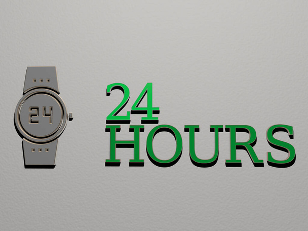 Ícone de 24 horas e texto na parede, ilustração 3D para 24 e editorial - Foto, Imagem