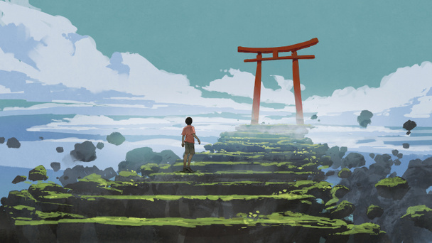 young boy walking up the stairs to the Torii gate, digital art style, illustration painting - Φωτογραφία, εικόνα