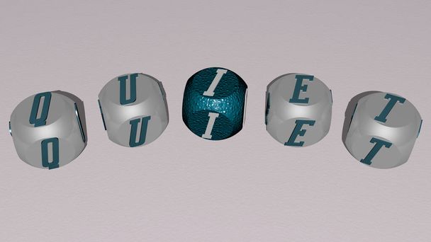 QUIET gebogen tekst van kubieke dobbelstenen letters, 3D illustratie voor mooi en blauw - Foto, afbeelding