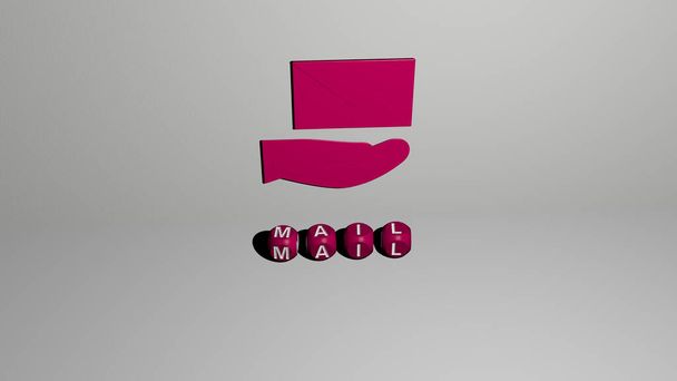 MAIL icona 3D sulla parete e testo di alfabeti cubici sul pavimento, illustrazione 3D per lettera e busta - Foto, immagini