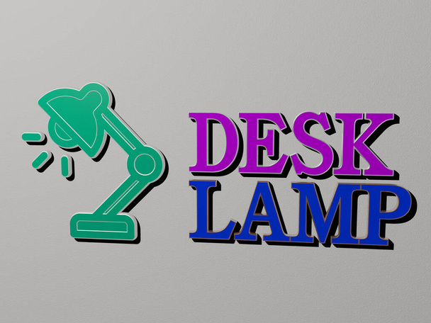 3D illustratie van DESK LAMP graphics en tekst gemaakt door metalen dobbelstenen letters voor de gerelateerde betekenissen van het concept en presentaties voor het bedrijfsleven en de achtergrond - Foto, afbeelding