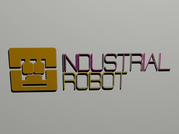3D illustration of industrial robot graphics and text made by metallic dice letters for the related meanings of the concept and presentations for background and industry - Photo, Image