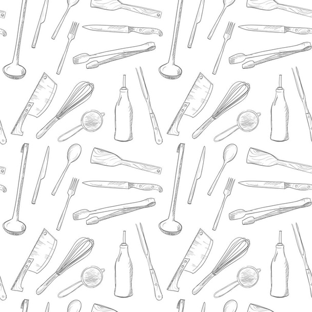 Kitchen utensils graphic seamless black and white pattern, hand drawn doodle style kitchenware background - Vecteur, image
