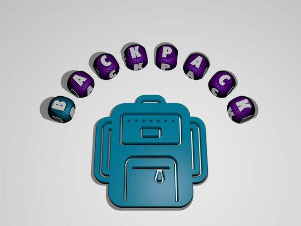 icono de la mochila rodeado por el texto de las letras individuales, ilustración 3D para la aventura y el fondo - Foto, Imagen
