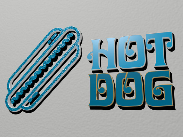 hot dog ikon és szöveg a falon, 3D illusztráció háttér és kávé - Fotó, kép