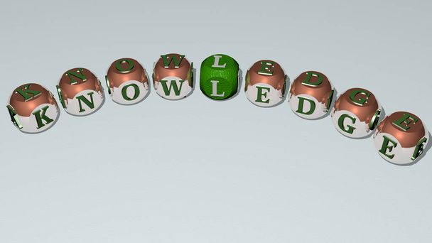 KNOWLEDGE curved text of cubic dice letters, 3D illustration for education and concept - Photo, Image