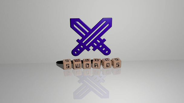 SWORDS text of cubic dice letters on the floor and 3D icon on the wall, 3D illustration for background and ancient - Photo, Image
