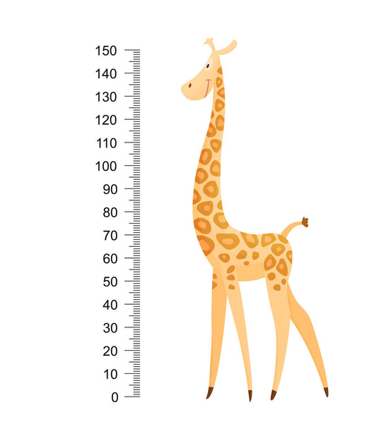 Funny giraffe. Cheerful funny giraffe with long neck. Giraffe meter wall or height chart or wall sticker. Illustration with scale from 2 to 150 centimeter to measure growth - Vector, Image
