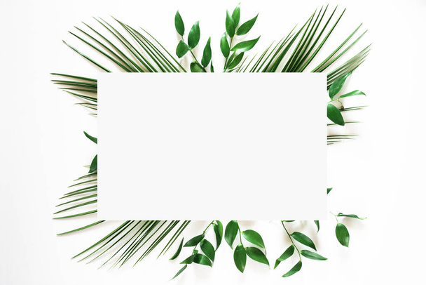 Tropical green leaf frame on white background - Фото, изображение