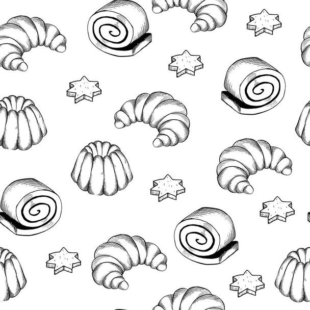 Hand drawn seamless pattern of bread and bakery products. - Vector, afbeelding