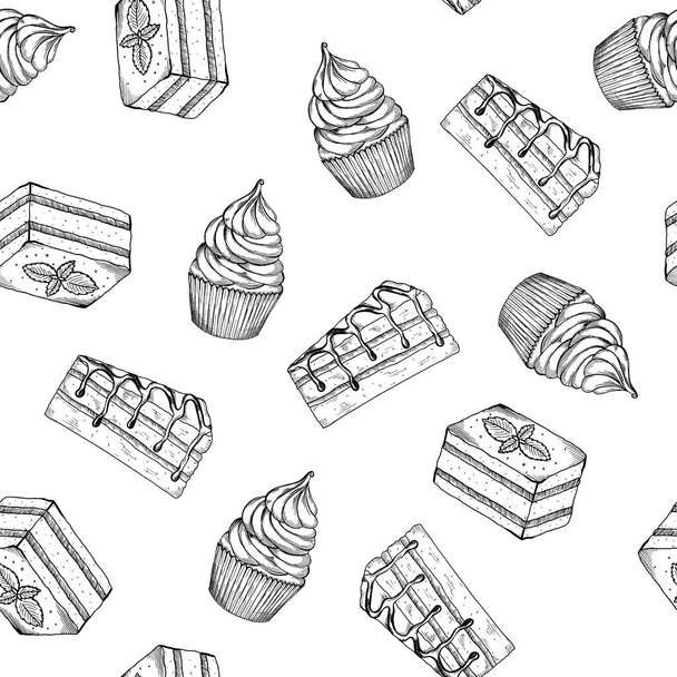 Hand drawn seamless pattern with desserts. Biscuits, cupcake, biscuit cookies. It can be used for fabric, wedding, birthday, postcard. - Vektor, obrázek