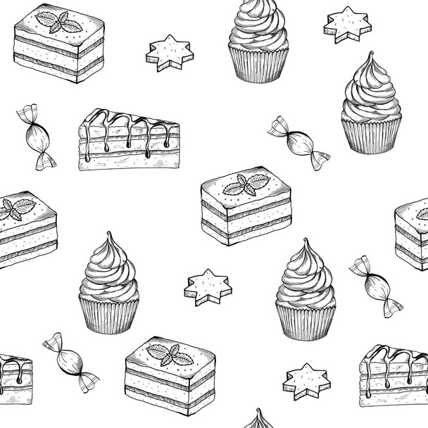Handgezeichnete nahtlose Muster mit Desserts. Kekse, Cupcake, Kekse. Es kann für Stoff, Hochzeit, Geburtstag, Postkarte verwendet werden. - Vektor, Bild