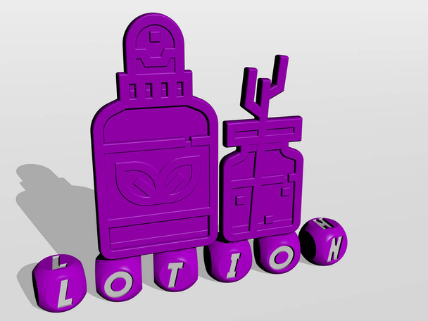 Lotion kubische Buchstaben mit 3D-Symbol auf der Oberseite, 3D-Illustration für Creme und Pflege - Foto, Bild