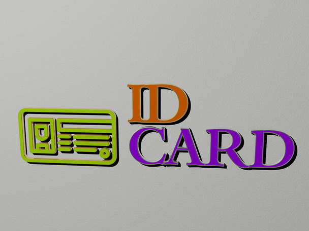 Representação 3D de ID CARD com ícone na parede e texto dispostos por letras cúbicas metálicas em um piso espelho para significado conceito e apresentação de apresentação de slides para ilustração e fundo - Foto, Imagem