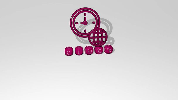 3D ikona CLOCK nad krychlovými písmeny, 3D ilustrace pro pozadí a alarm - Fotografie, Obrázek