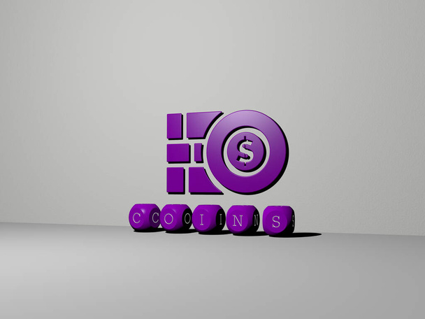 COINS 3D icoon op de muur en tekst van kubieke alfabetten op de vloer, 3D illustratie voor achtergrond en bedrijf - Foto, afbeelding