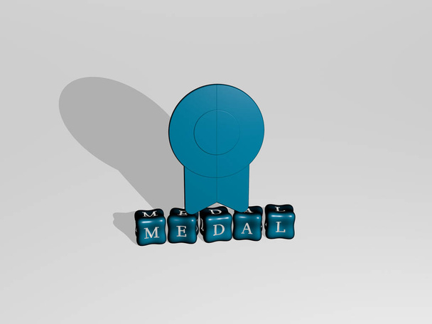 MEDAL 3D-Icon-Objekt auf Text kubischer Buchstaben, 3D-Illustration für Auszeichnung und Gold - Foto, Bild