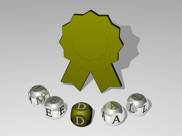 3Dアイコンの周り立方文字のMEDALラウンドテキスト,賞と金のための3Dイラスト - 写真・画像
