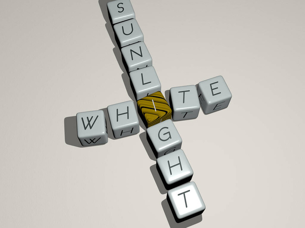 Invierno: crucigrama de luz solar blanca por letras de dados cúbicos, ilustración 3D para fondo y aislado - Foto, Imagen
