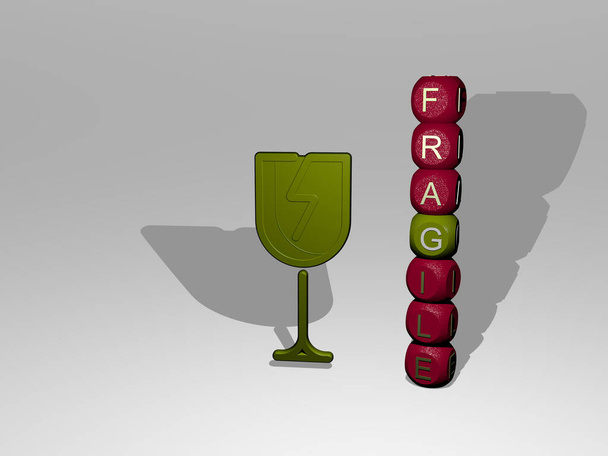 Texto FRAGIL junto al icono 3D, ilustración 3D para fondo y blanco - Foto, Imagen