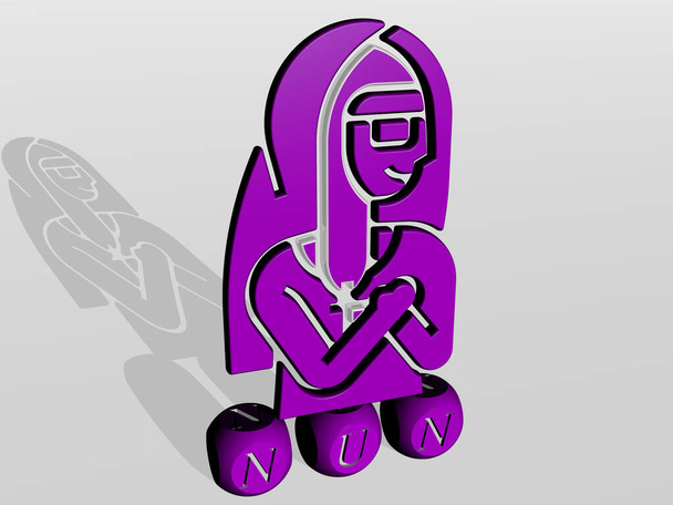 Üzerinde 3D simge olan NUN küp harfleri, Katolik ve karikatür için 3D illüstrasyon - Fotoğraf, Görsel