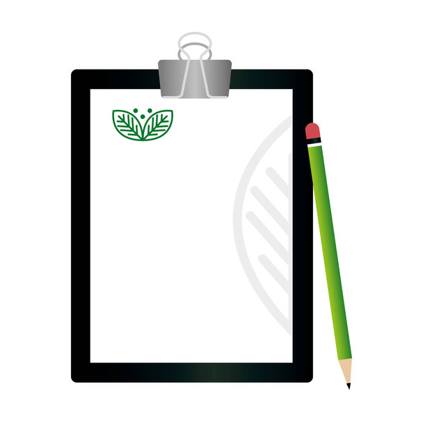 mockup írótábla és ceruza zöld cégjelzéssel, vállalati identitással - Vektor, kép