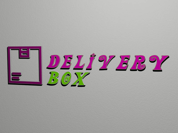 3D representation of delivery box with icon on the wall and text arranged by metallic cubic letters on a mirror floor for concept meaning and slideshow presentation for illustration and business - Foto, immagini