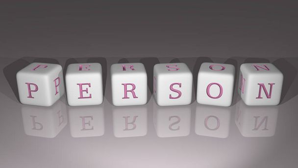 алфавіт PERSON, розташований кубічними літерами на дзеркальній підлозі, концептуальне значення та представлення в 3D перспективі для ілюстрації та фону
 - Фото, зображення