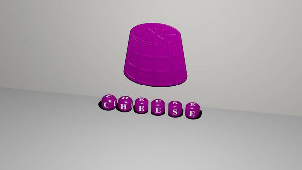 3D іконка CHEESE на стіні і текст кубічних алфавітів на підлозі, 3D ілюстрація для фону і їжі
 - Фото, зображення