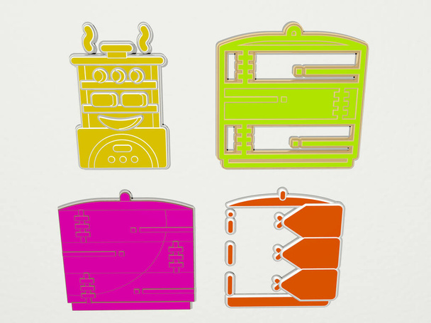 food steamer 4 iconen set, 3D illustratie - Foto, afbeelding