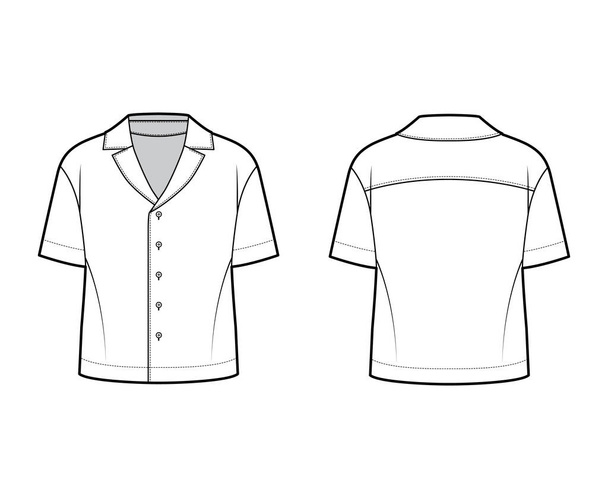 Tričko technické módní ilustrace s uvolněnou siluetou, retro tábornický límec, zapínání předních knoflíků, krátké rukávy - Vektor, obrázek