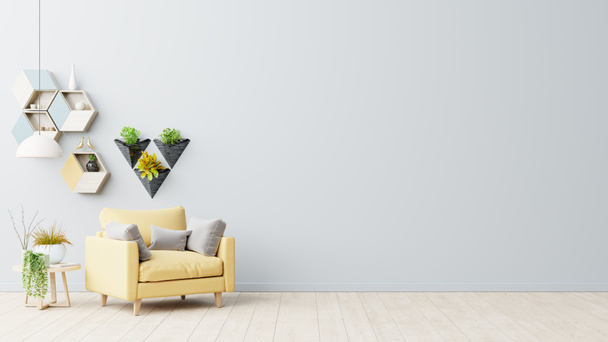 Интерьер имеет желтое кресло на пустом сером фоне стены, 3D рендеринг - Фото, изображение