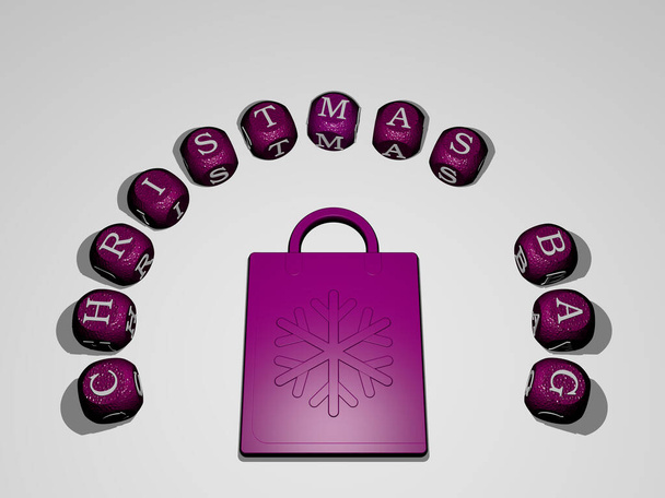 ikona CHRISTMAS BAG obklopená textem jednotlivých písmen, 3D ilustrace pro pozadí a oslavu - Fotografie, Obrázek