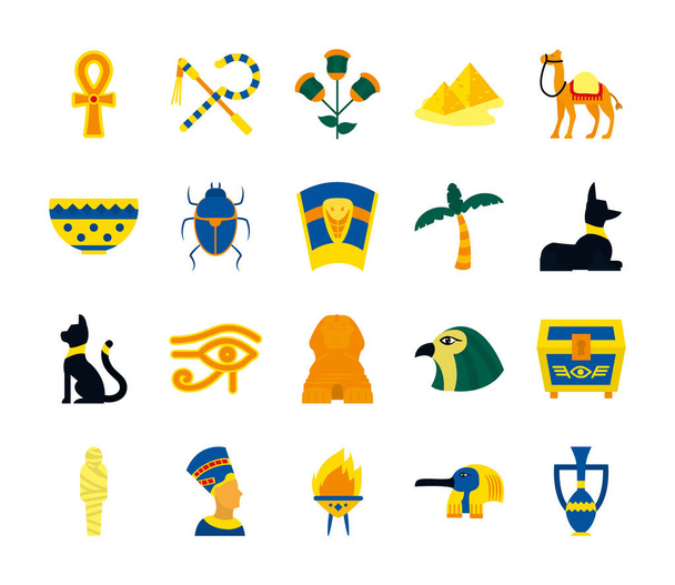 Kamel und ägyptische Ikonen, flacher Stil - Vektor, Bild