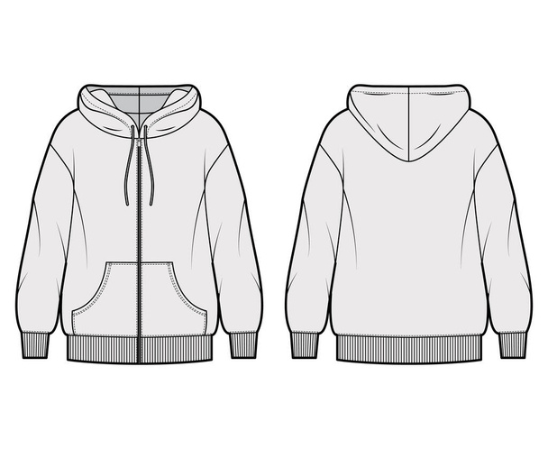 Zip-up oversized βαμβακερό-fleece hoodie τεχνική εικόνα μόδας με τσέπη, χαλαρή εφαρμογή, μακριά μανίκια. Επίπεδη μπλούζα - Διάνυσμα, εικόνα