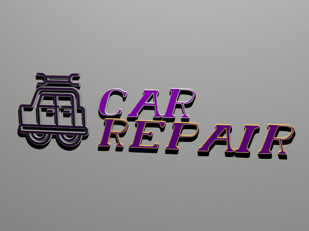 Réparation de voiture icône et texte sur le mur, illustration 3D pour l'automobile et l'automobile - Photo, image