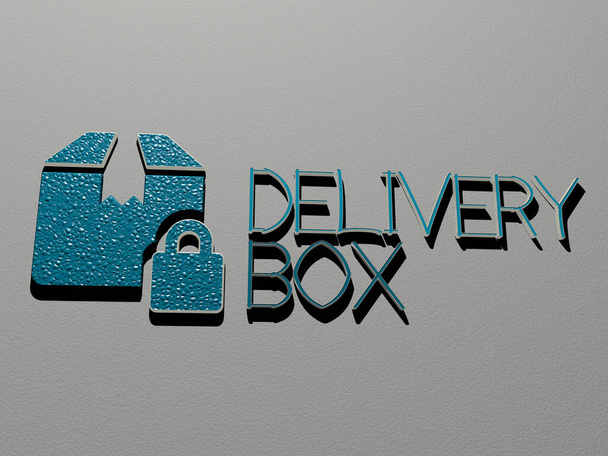 DELIVERY BOX Symbol und Text an der Wand, 3D-Illustration für Geschäft und Hintergrund - Foto, Bild