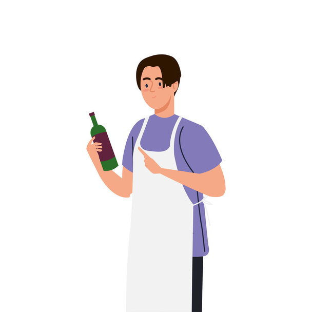 uomo cucina utilizzando grembiule con vino in bottiglia, su sfondo bianco - Vettoriali, immagini
