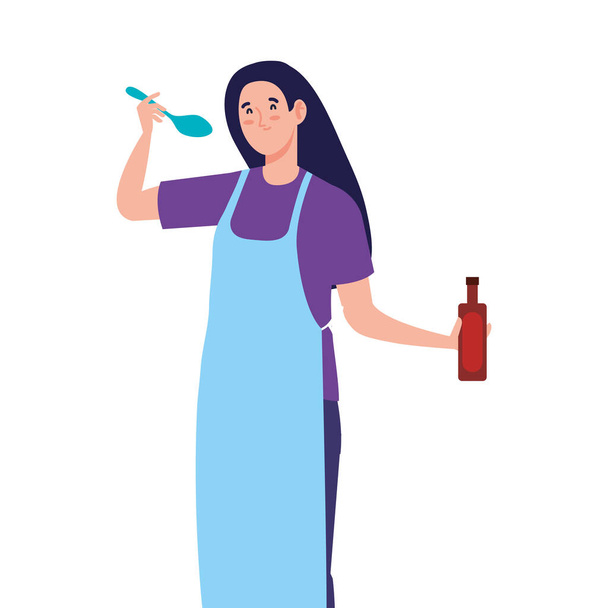 žena vaření pomocí zástěry s lžící a láhev vína, na bílém pozadí - Vektor, obrázek